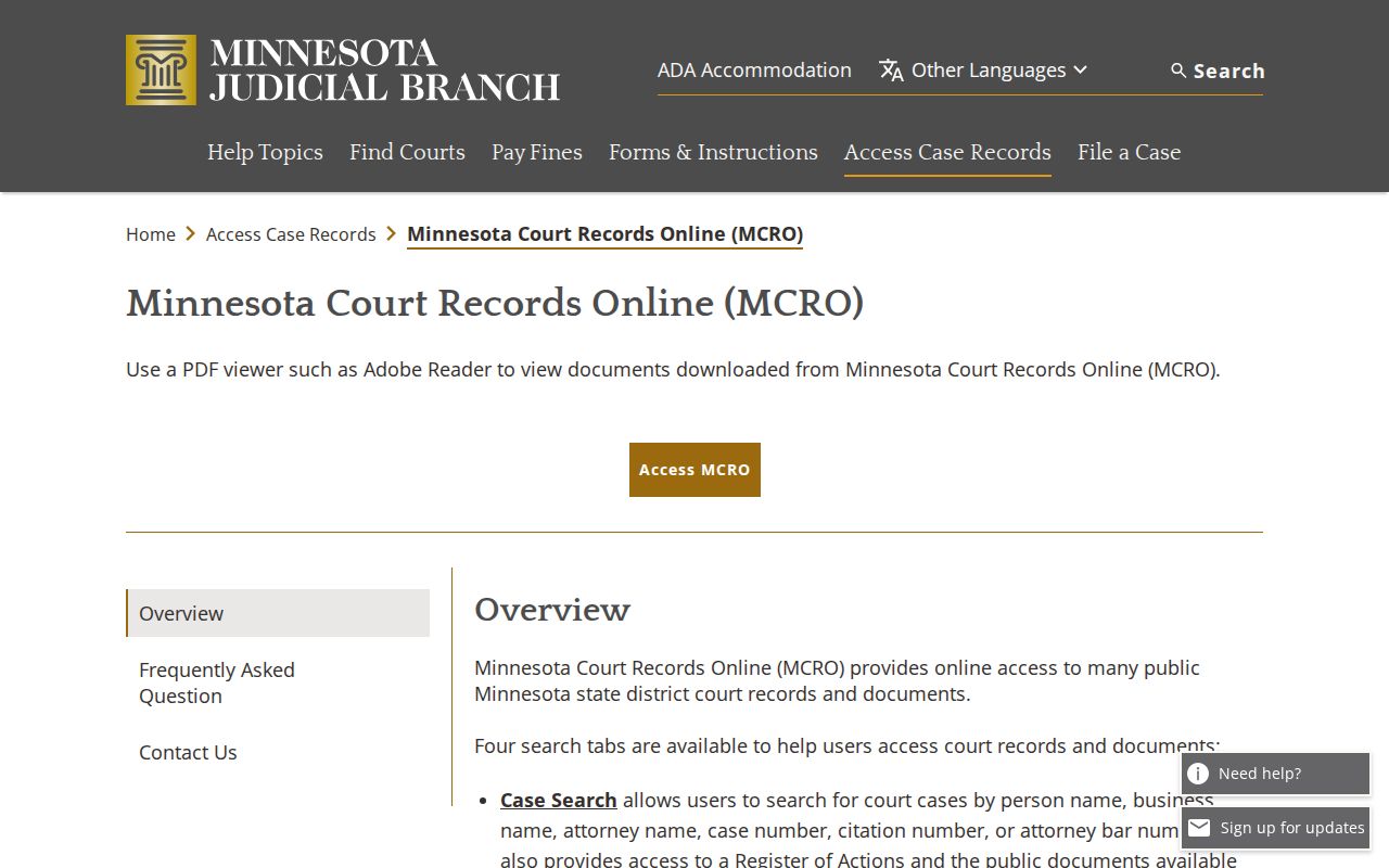Minnesota Court Records Online guidance page